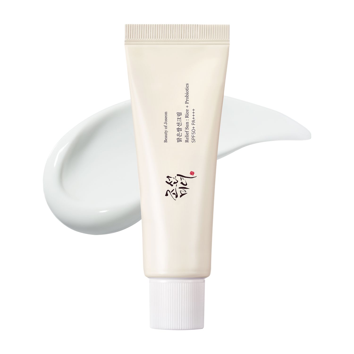 Beauty of Joseon Relief Sun: Rice + Probiotics SPF50+ PA++++ tube, with a swatch of the cream