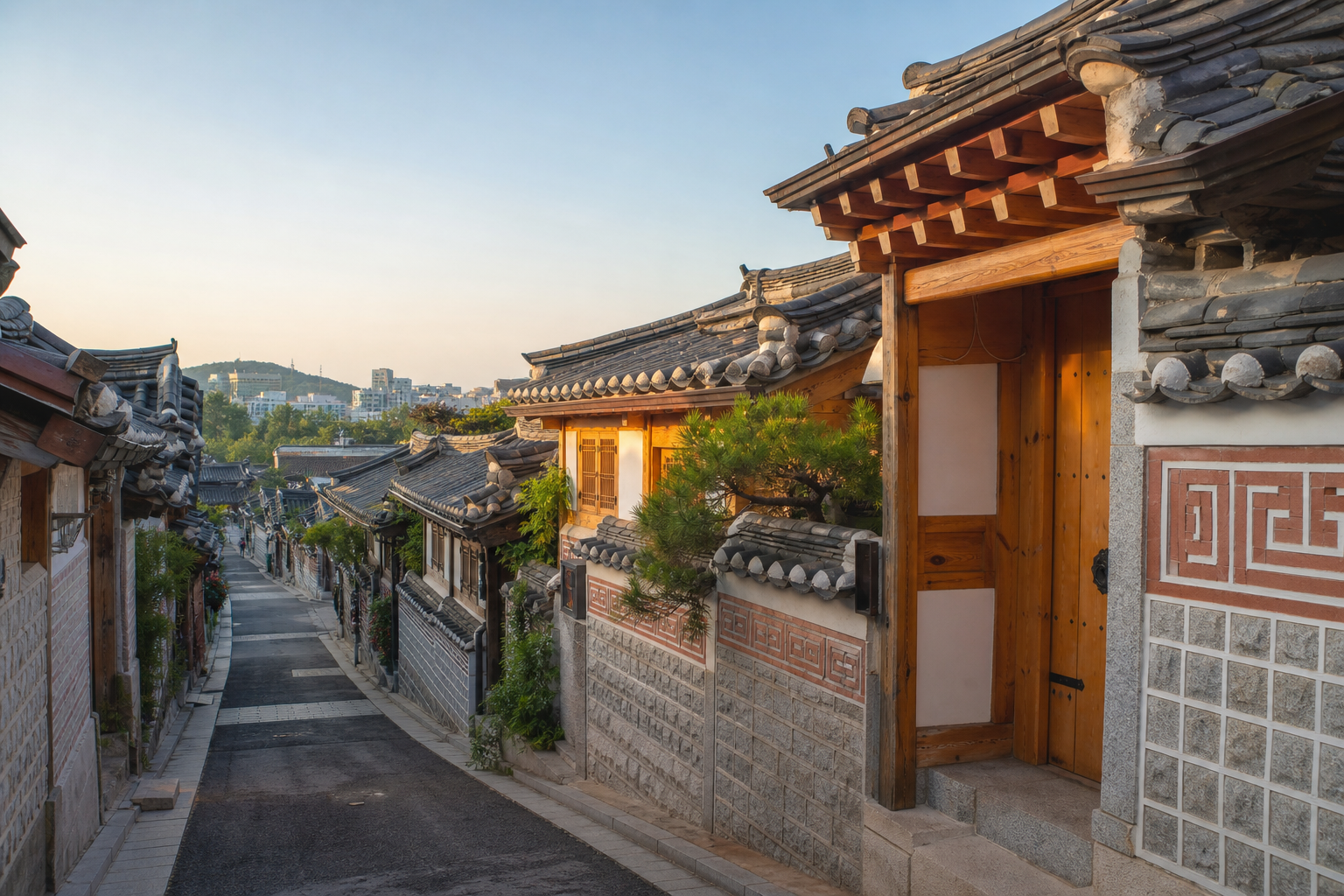 A quiet hanok-lined alley in Bukchon Hanok Village at sunrise