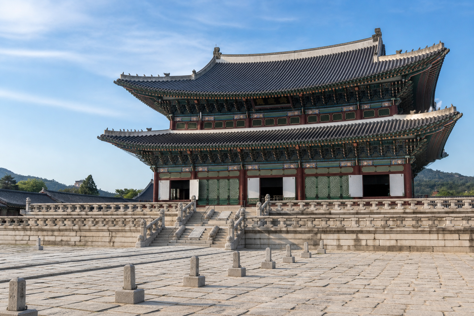 Geunjeongjeon, the main throne hall of Gyeongbokgung Palace, on a clear morning