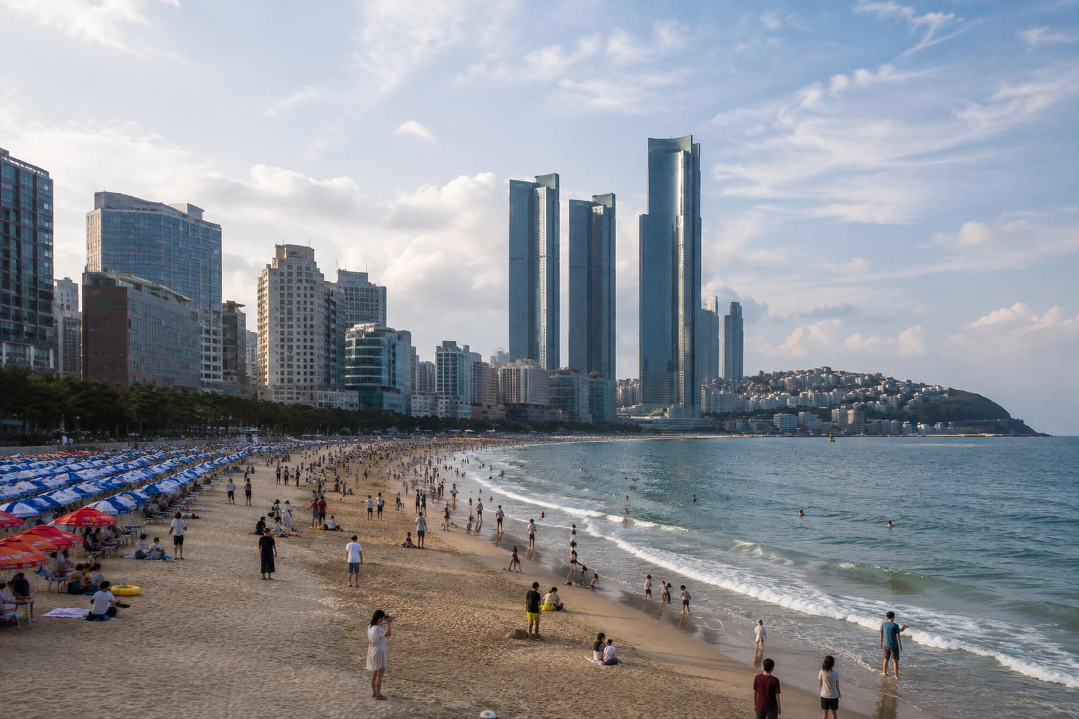 Haeundae Beach in Busan, packed with beachgoers and backed by the Marine City skyline
