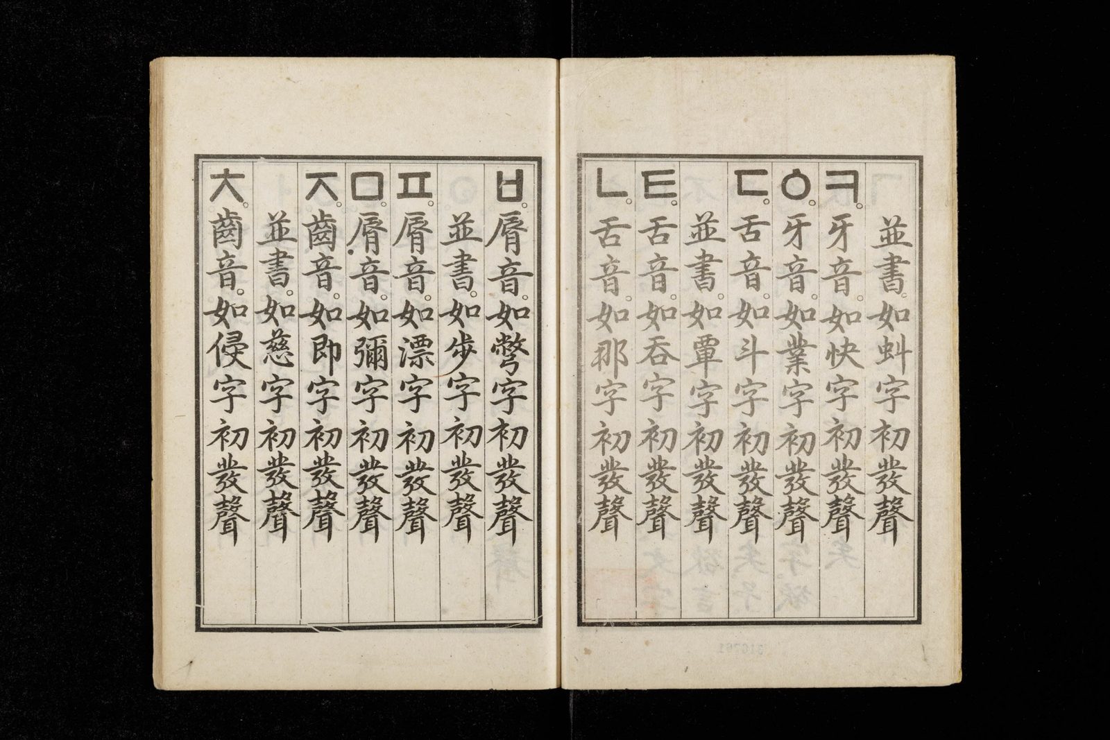Open pages of a Hunminjeongeum Haerye reprint showing Hangul consonants such as ㅂ, ㅍ, ㅁ, ㅈ and ㄱ, ㅋ, ㄷ, ㅌ, ㄴ beside Classical Chinese explanations of how each sound is made