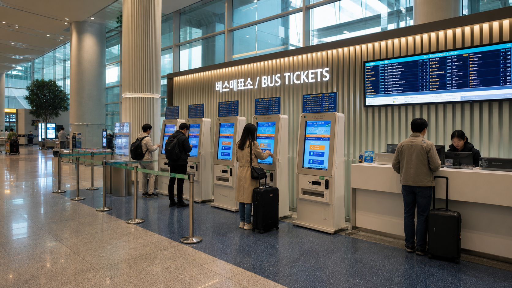 Bus ticket kiosks in Incheon Airport's arrivals hall, with a couple of travelers buying tickets