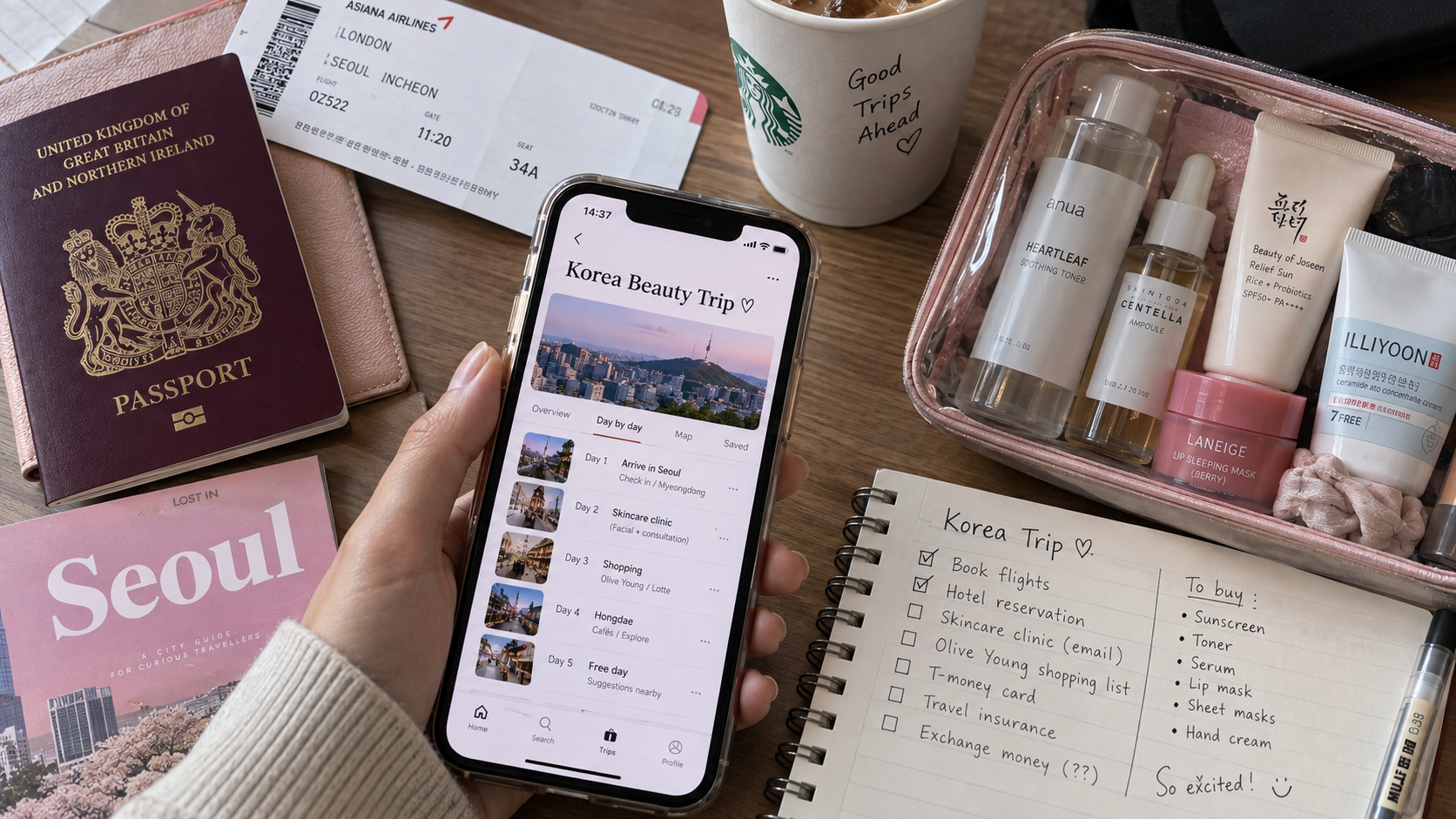A flat lay of a Korea beauty trip itinerary on a phone screen, next to a passport, boarding pass, K-beauty skincare products, and a handwritten packing checklist