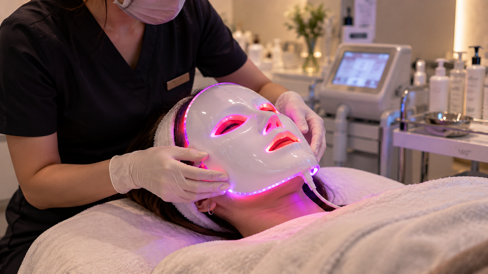 An esthetician holding an LED light therapy mask against a client's face during a facial treatment at a Seoul skincare clinic