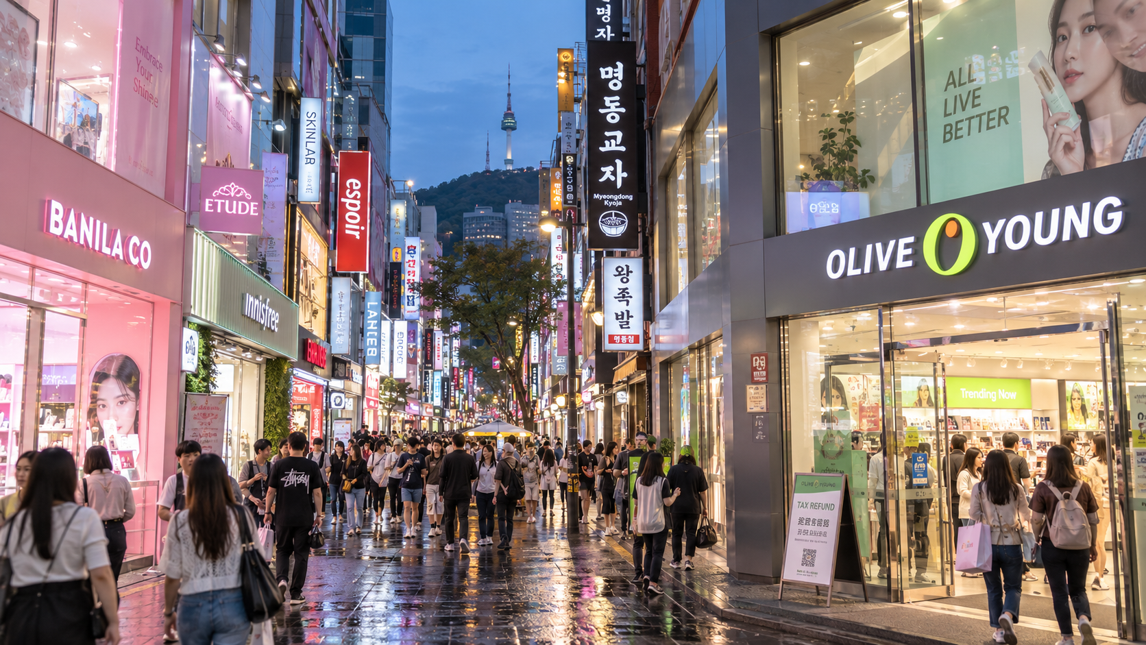 A crowded Myeongdong shopping street at night, lit up with storefront signs for Olive Young, Innisfree, Etude, and Banila Co