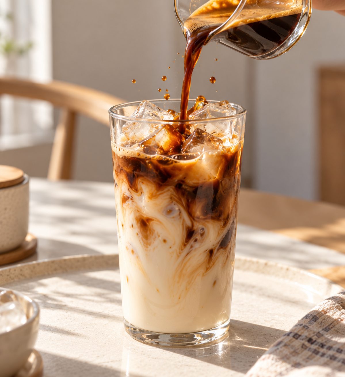 Espresso being poured from a small glass pitcher into a tall glass of ice and thick, creamy milk, with dark coffee swirling down through the milk