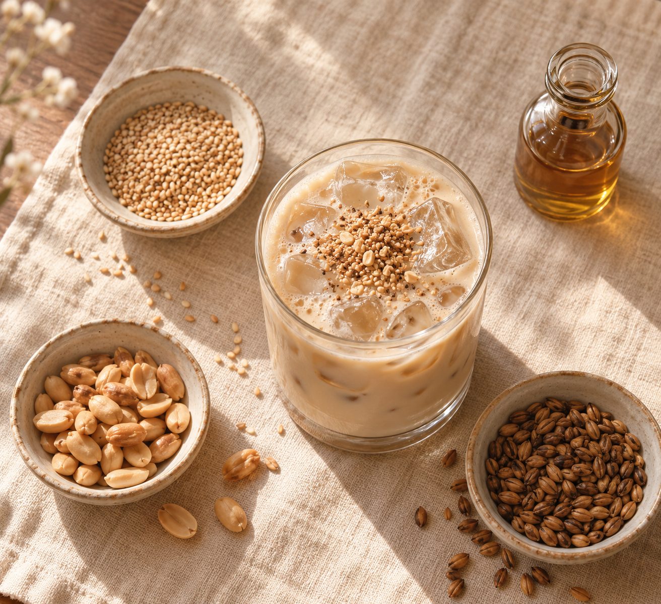 A thick, creamy iced latte in a clear glass on beige linen, surrounded by small bowls of toasted sesame seeds, roasted peanuts, and roasted barley, with a small bottle of sesame oil