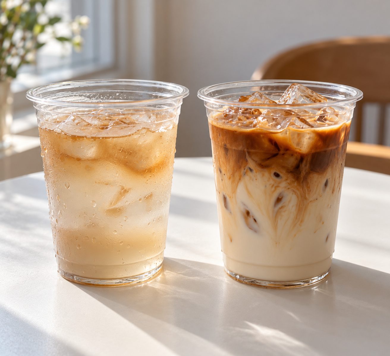 Two iced lattes side by side in clear plastic cups: on the left, a pale, watery latte with melted ice and condensation; on the right, a thick, creamy latte with dark espresso swirling into dense milk