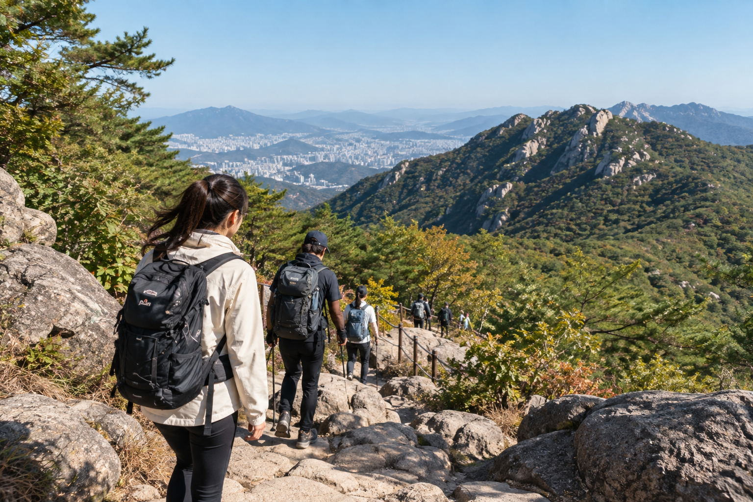 Hikers on a Korean mountain trail on a clear October day, dressed in light layers