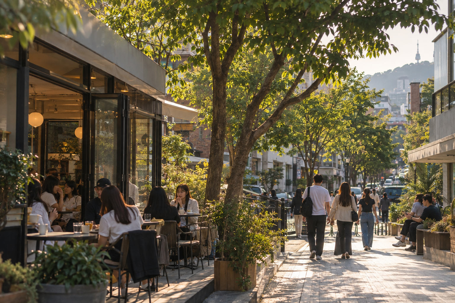 A Seoul street in early September with people in light clothing and trees still green