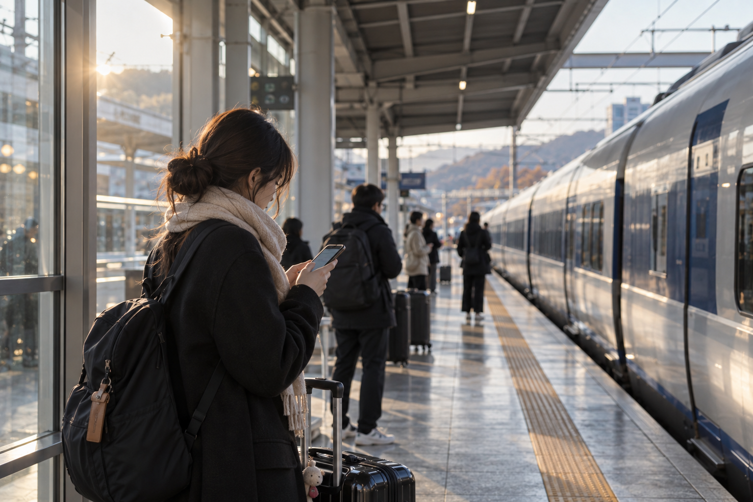 A traveller checking a phone on a Korean train platform, autumn light coming through the windows