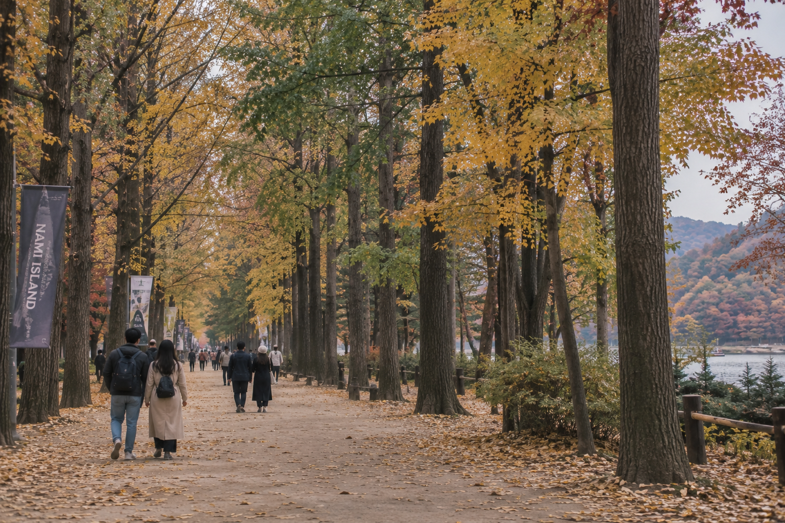 The tree-lined ginkgo avenue on Nami Island with fallen golden leaves covering the path