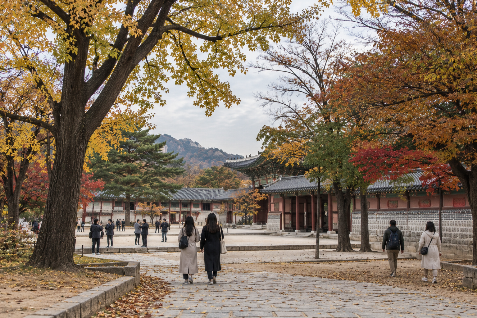 Visitors walking through a Seoul palace courtyard surrounded by autumn trees, with a hanok pavilion and mountains in the background