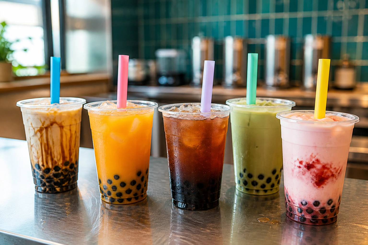 Five bubble tea cups in different flavors — brown sugar, mango, black tea, matcha, and strawberry — lined up on a café counter, each with tapioca pearls and a colorful straw