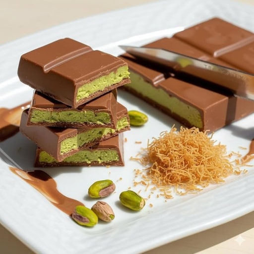 A Dubai chocolate bar sliced open, showing the pistachio-cream and crispy kadayif filling, with pistachios and shredded kadayif on the plate