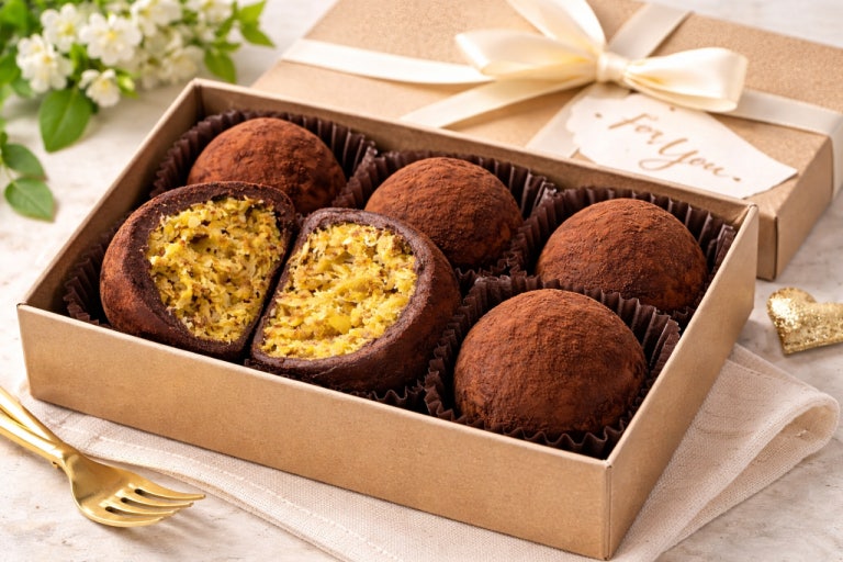 A gift box of chocolate-coated cookie truffles with pistachio-kadayif filling, one sliced open to show the green pistachio-cream center