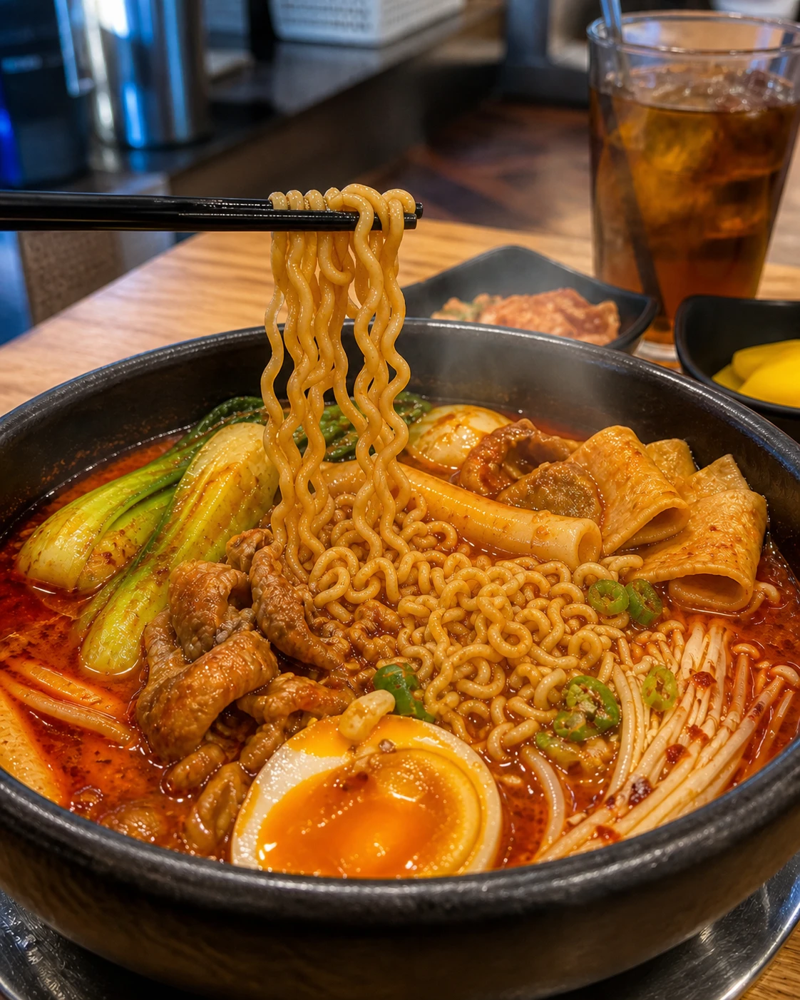 A bowl of steaming malatang with ramyeon-style noodles lifted by chopsticks, pork slices, bok choy, enoki mushrooms, and a soft-boiled egg in spicy red broth