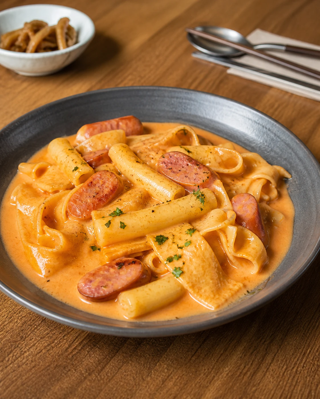 A bowl of creamy rosé pasta with rigatoni, wide noodles, and sliced sausage in a pink cream sauce, garnished with herbs