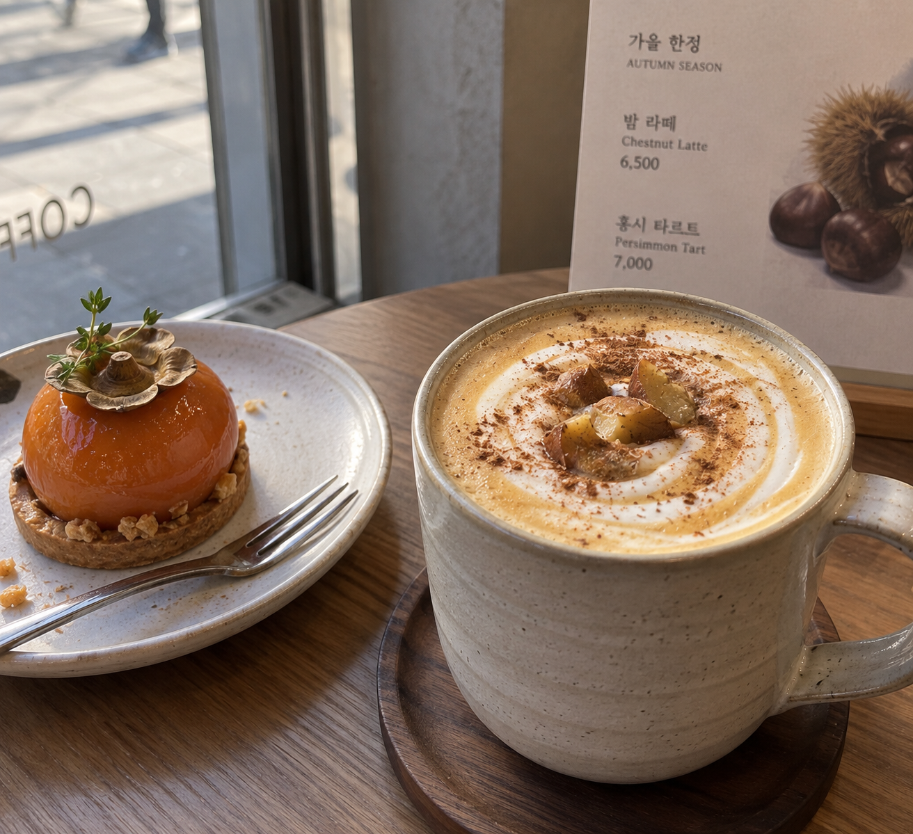 A chestnut latte topped with cinnamon and roasted chestnut pieces next to a persimmon tart, with a café's autumn-limited menu board visible in the background