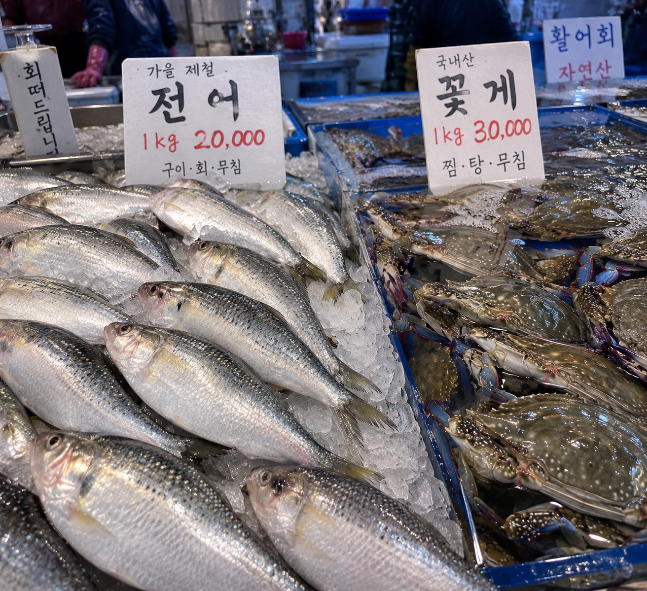 A Korean seafood market stall with fresh jeoneo (gizzard shad) on ice next to live blue crabs (kkotge), a sign reading '가을 제철' — autumn seasonal