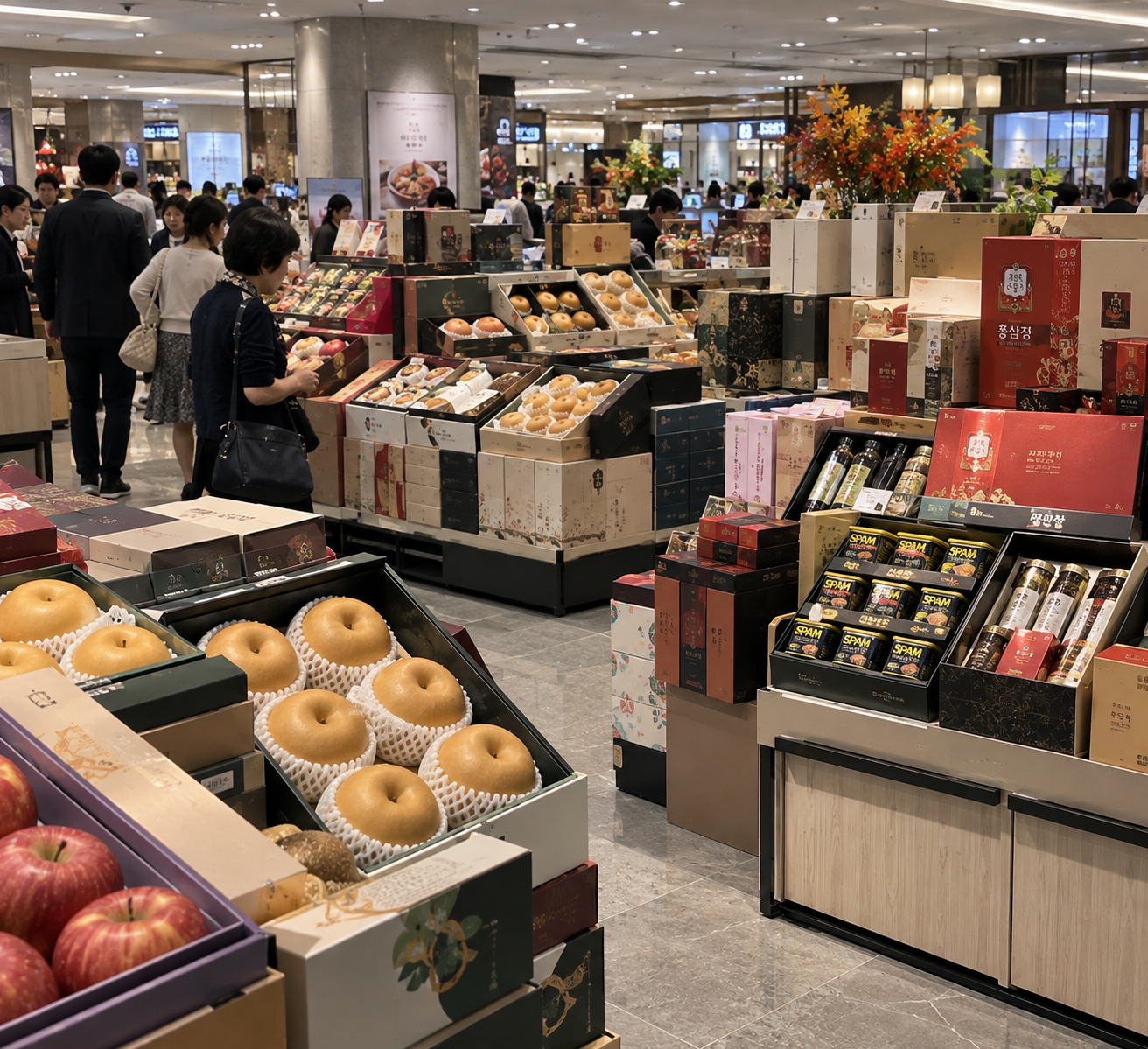 A Korean department store's holiday gift section, with shoppers browsing tables stacked with pear, apple, Spam, and red ginseng gift boxes