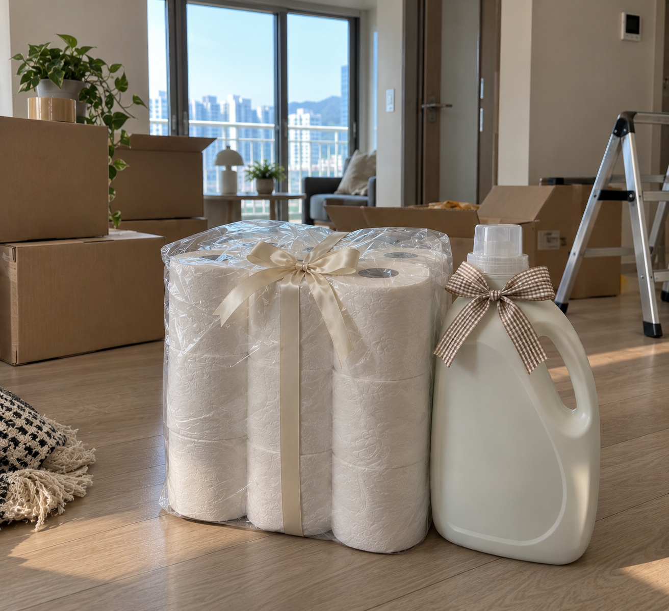 A ribbon-tied pack of toilet paper and a bow-wrapped bottle of laundry detergent set on the floor of a Korean apartment mid-move