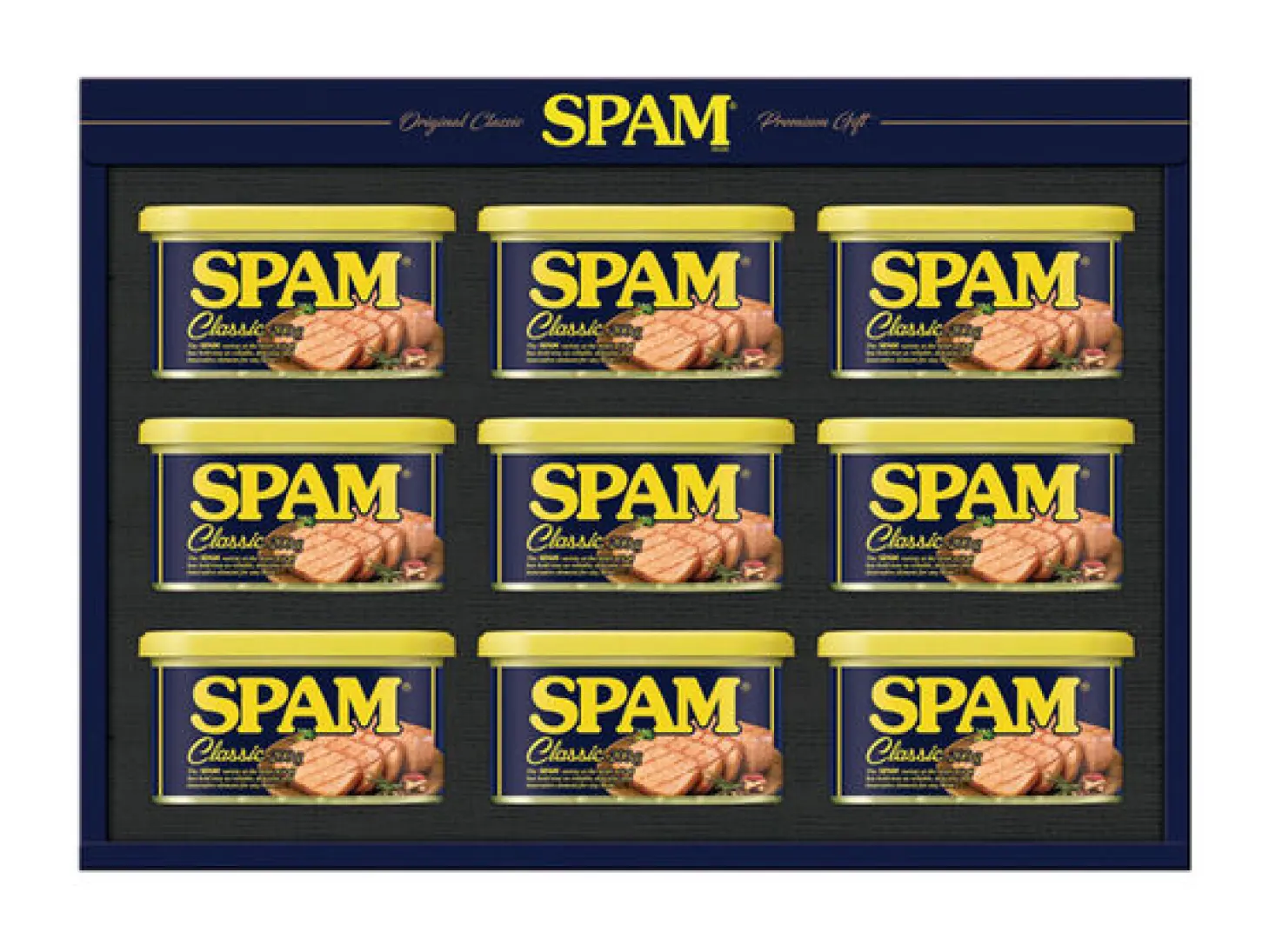 A boxed Spam Premium Gift set with nine tins of Spam Classic arranged in rows