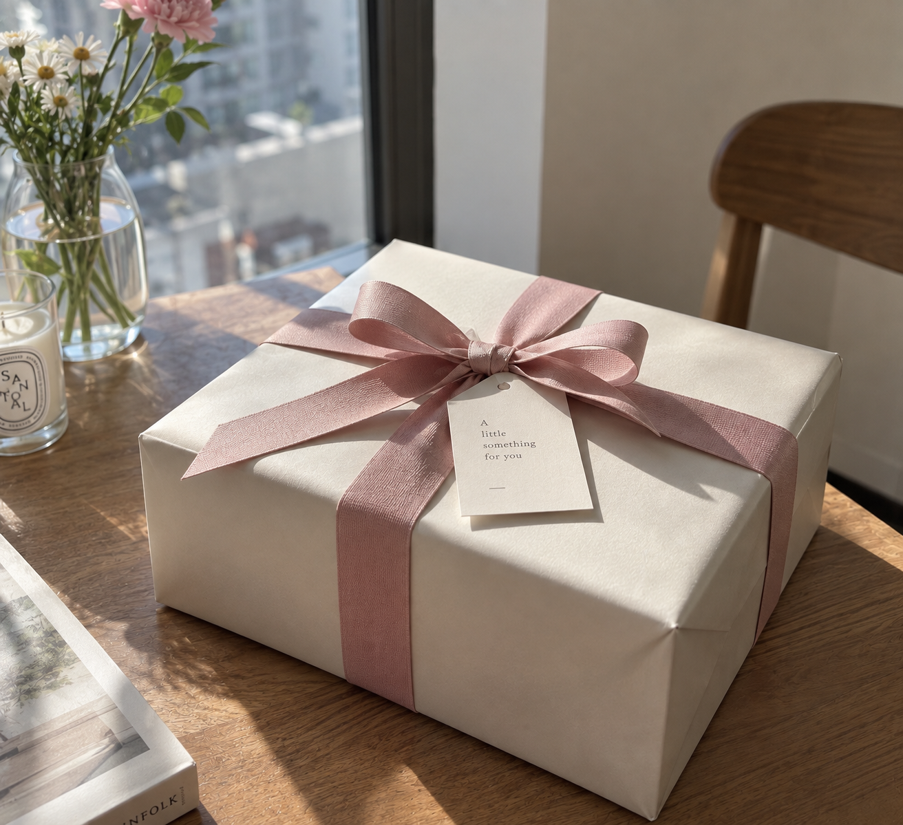 A neatly wrapped cream gift box tied with a pink ribbon and a tag reading 'A little something for you', on a table by a window