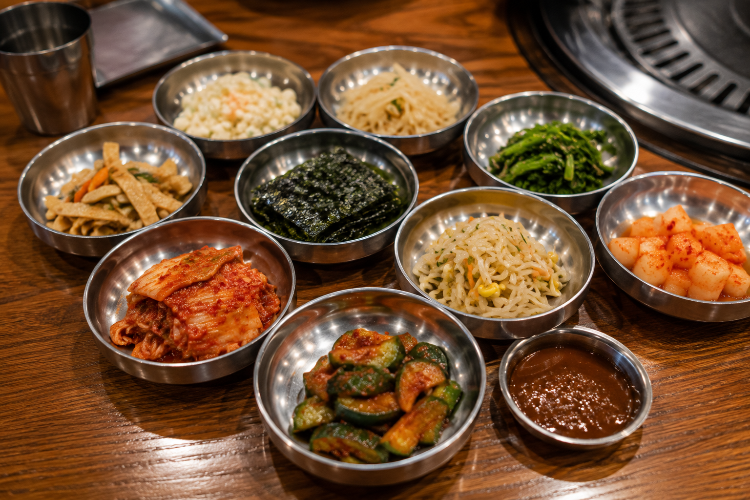 A spread of small metal bowls with Korean banchan side dishes, including kimchi, radish kimchi, seasoned greens, and japchae noodles, on a BBQ table