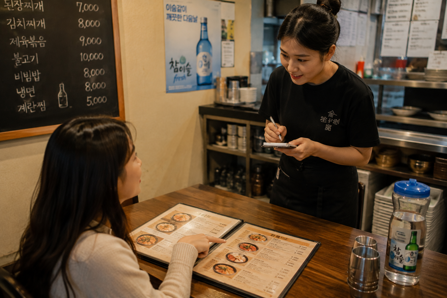 A customer pointing at a menu while a server takes her order by hand, with a chalkboard menu of Korean dishes and prices on the wall