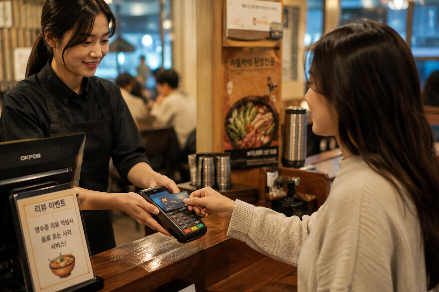 A customer tapping a card to pay at a Korean restaurant counter, with a card terminal and a 'review event' sign offering a free drink for a receipt review