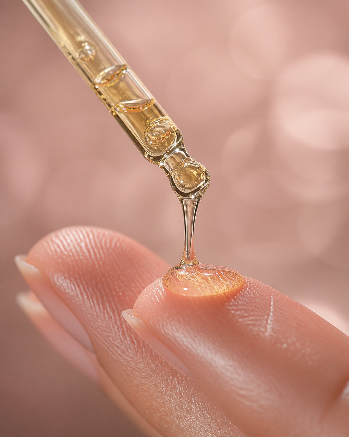 A dropper releasing a golden ampoule onto a fingertip