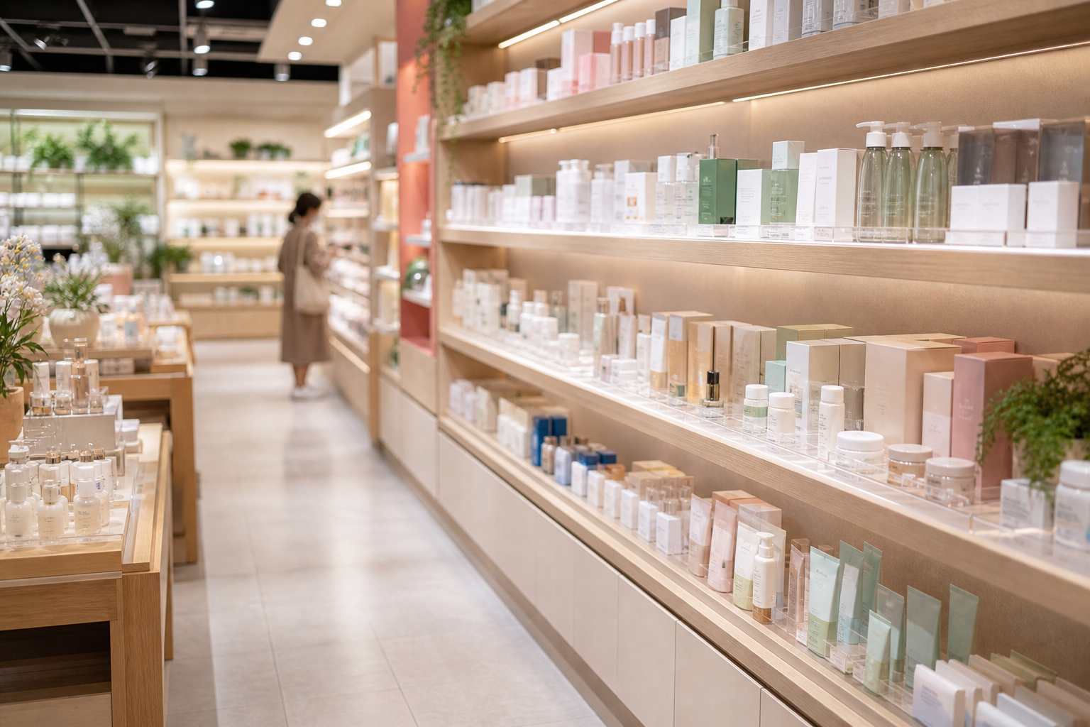Skincare shelves at an Olive Young store, with a shopper browsing the aisle