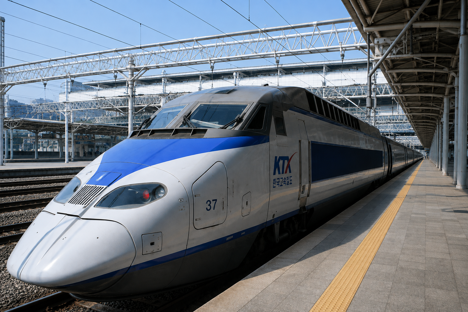A KTX bullet train stopped at a platform, bound for Busan