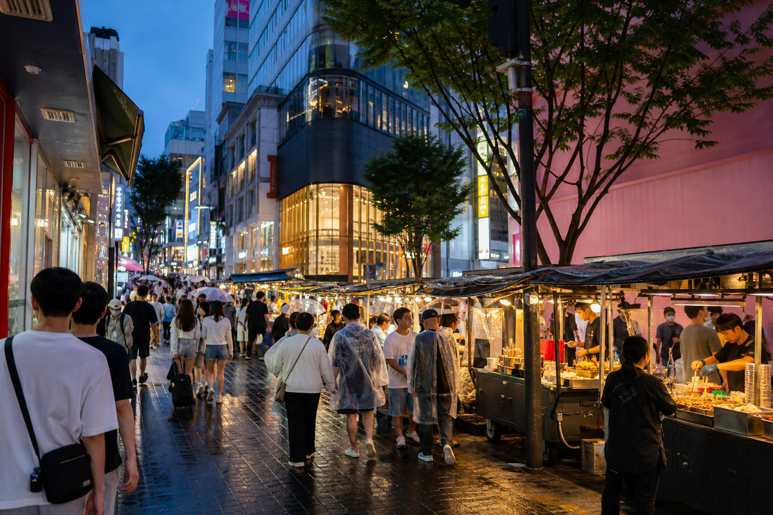 Street food carts and crowds along a Myeongdong shopping street at dusk
