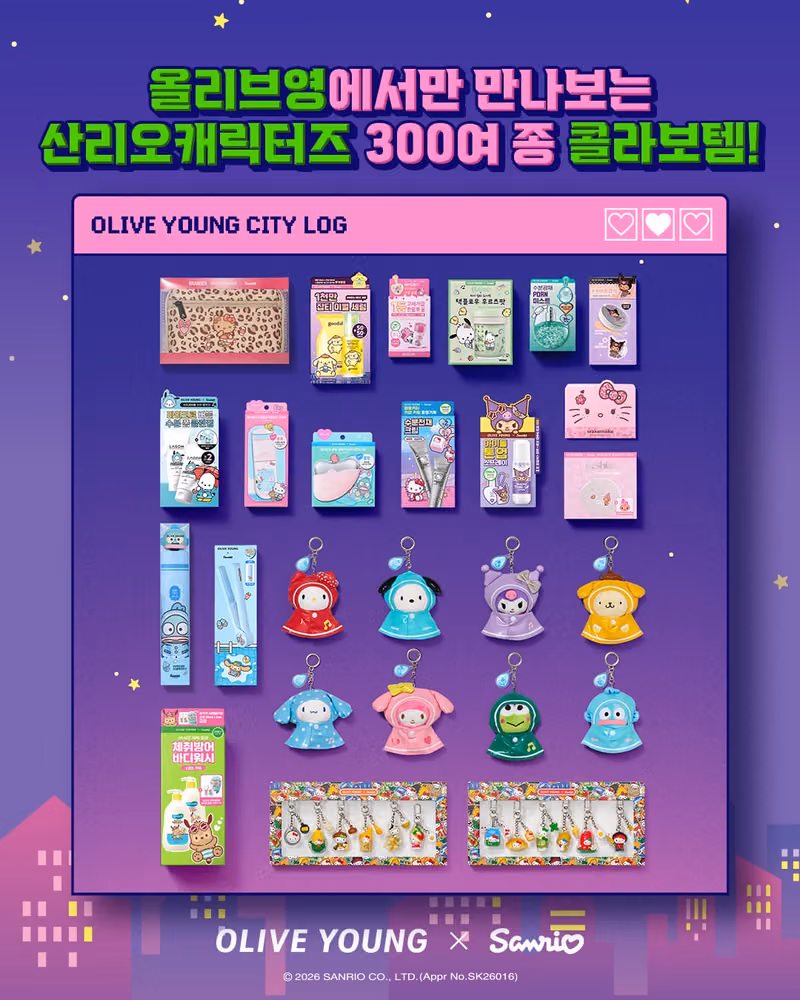 A grid of Olive Young x Sanrio goods, including a leopard-print pouch, keyrings shaped like raincoat-wearing characters, hair clips, and travel-size sets