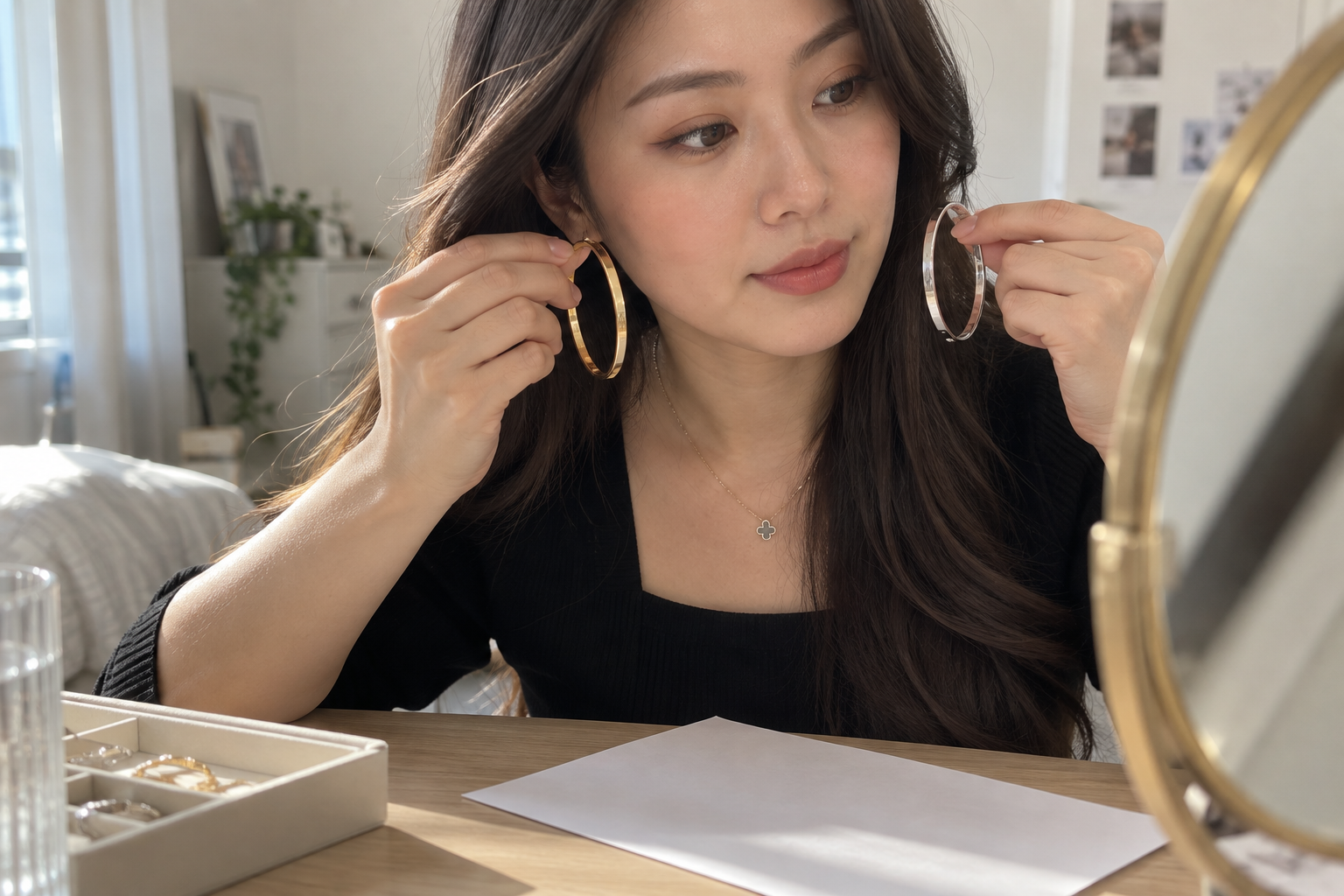 A woman holding a gold hoop earring and a silver hoop earring up to her face in front of a mirror, with a white sheet of paper on the table for comparison