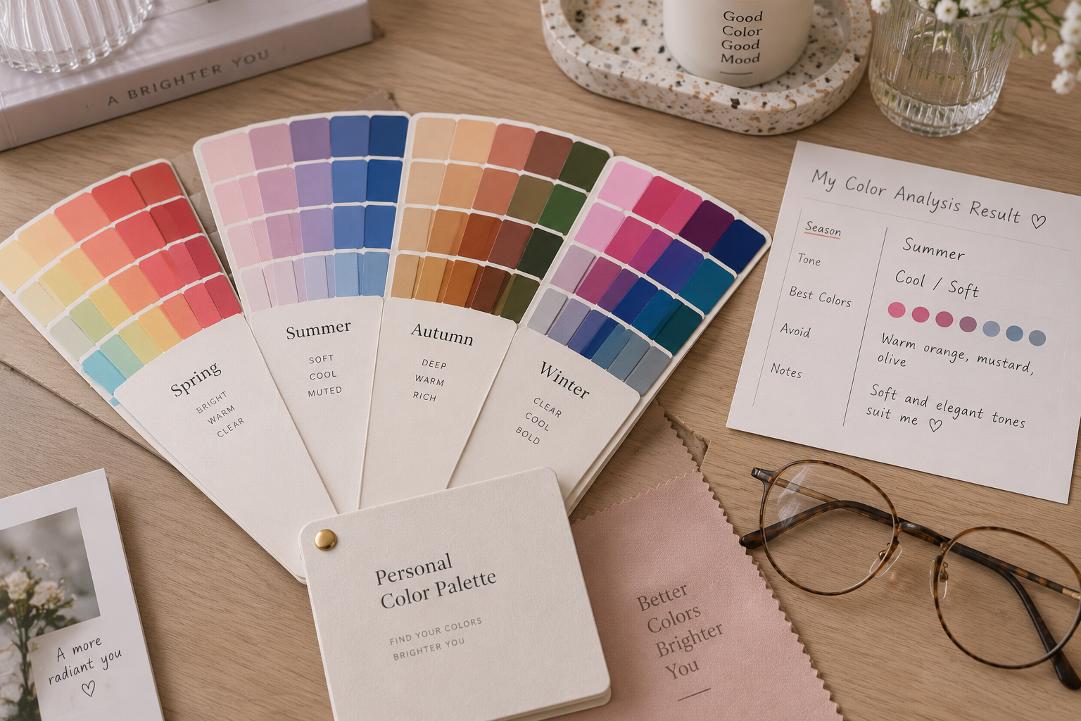 A fanned-out personal color palette book showing the Spring, Summer, Autumn, and Winter swatch cards, next to a handwritten color analysis result card