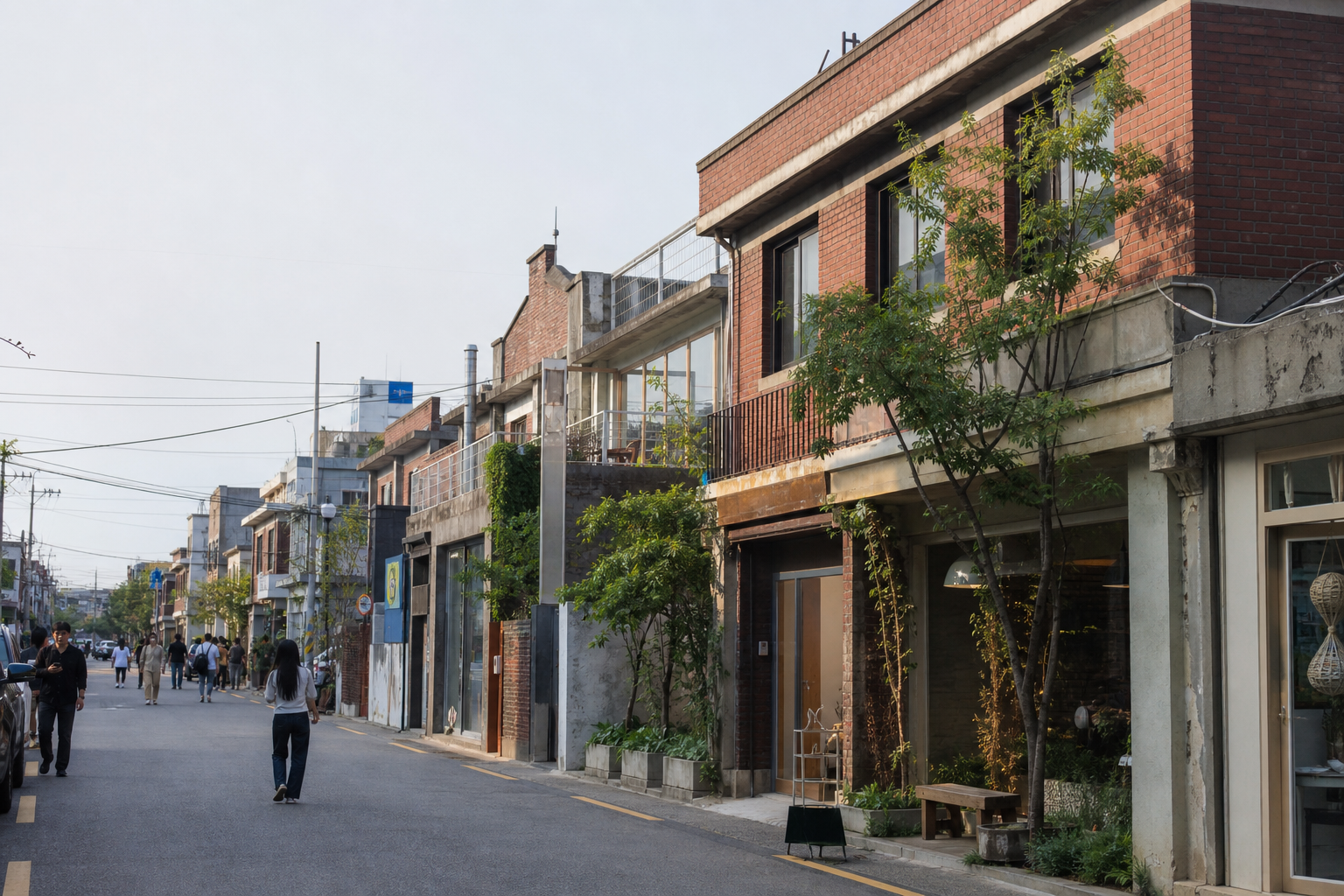 A quiet Seongsu-dong street lined with converted brick warehouse cafes and shops