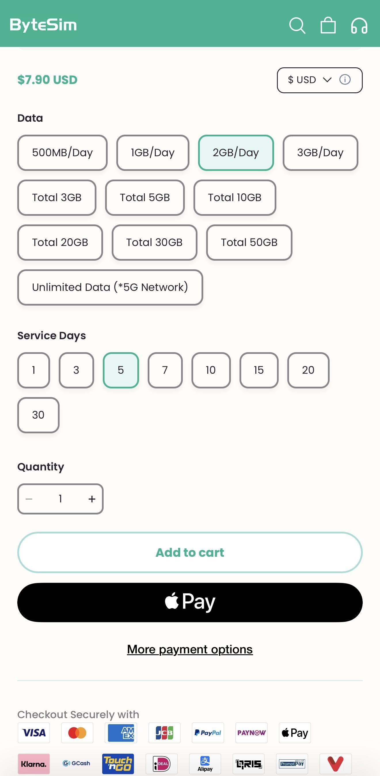 Byte SIM app showing Korea eSIM data and duration options