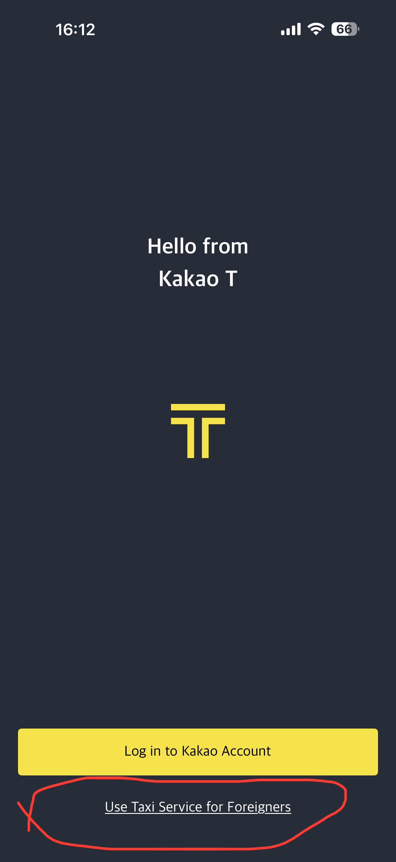 Kakao T login screen with the 'Use Taxi Service for Foreigners' link