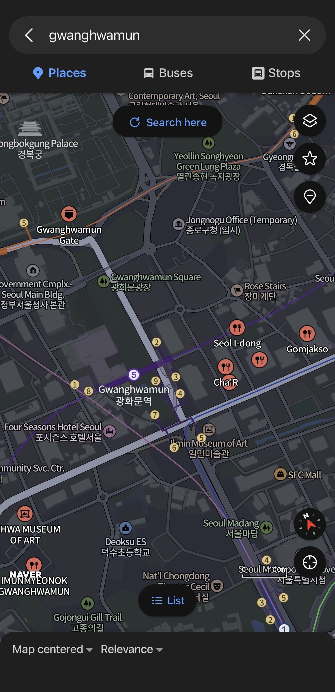 Naver Map showing an English-language search near Gwanghwamun, Seoul