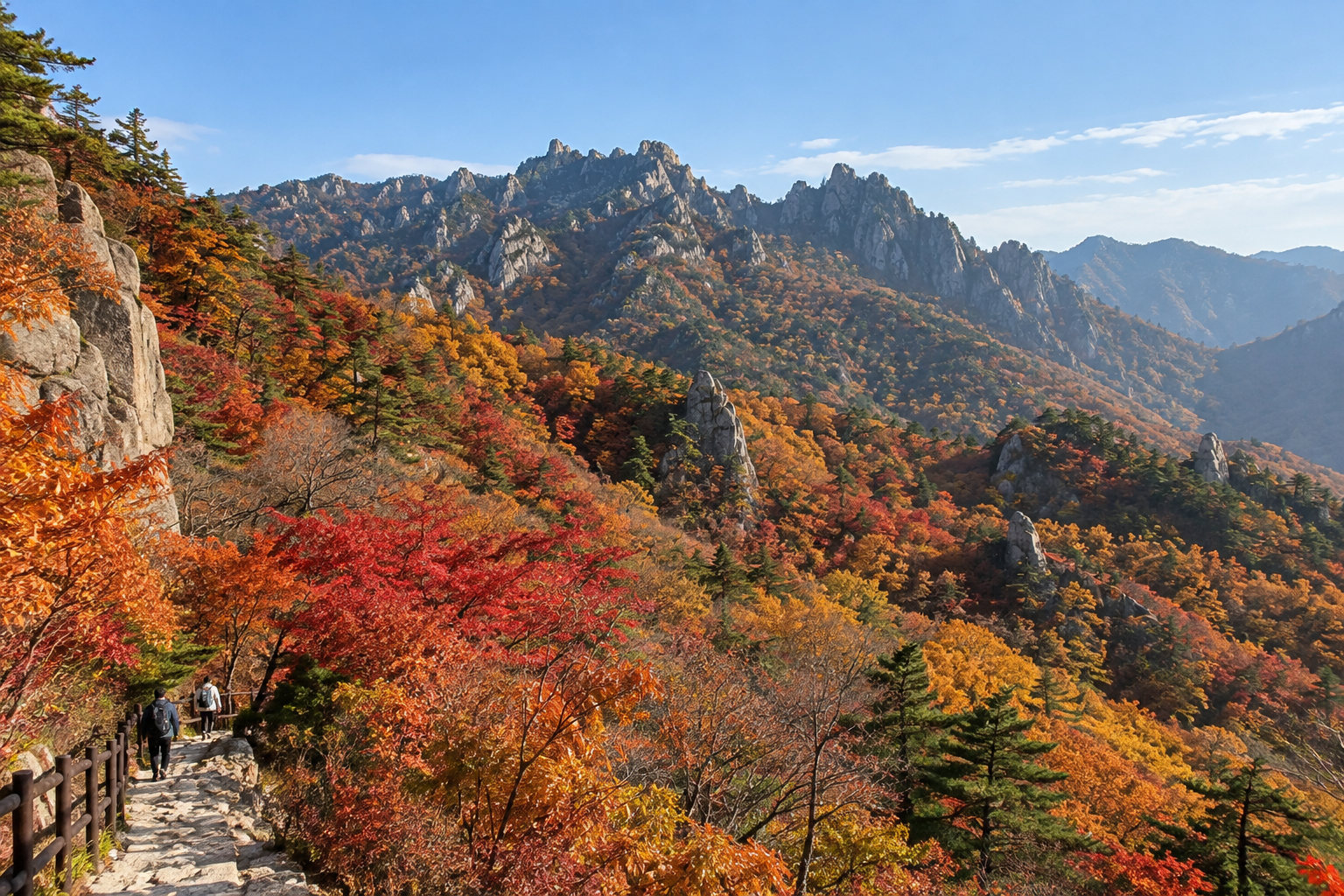 Red and gold autumn foliage covering the rocky peaks of Seoraksan National Park in South Korea