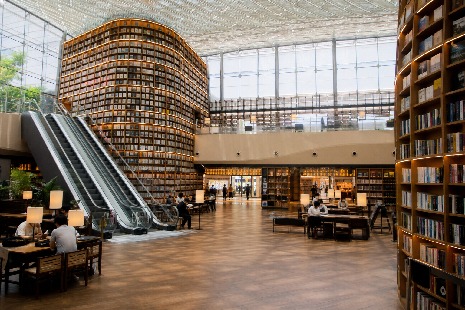 The soaring bookshelves and reading tables of Starfield Library inside COEX Mall