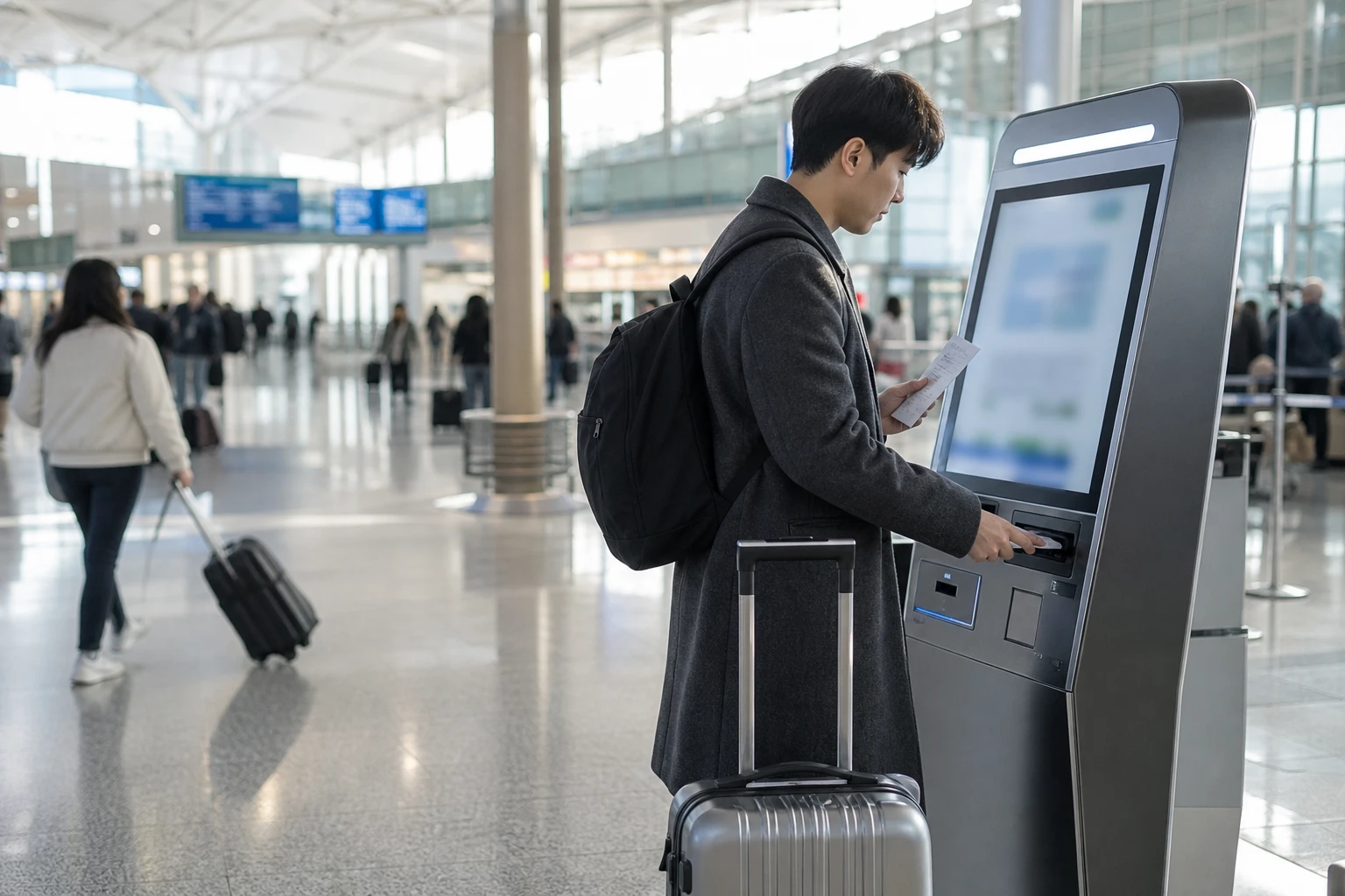 A traveler with a rolling suitcase scans a receipt at a self-service tax refund kiosk in the airport terminal