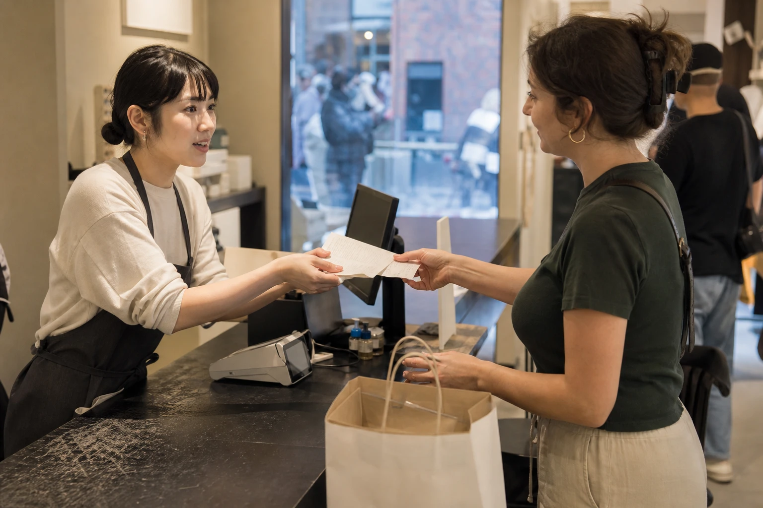 A cashier hands a customer a folded tax-free receipt across the counter, with a payment terminal and a paper shopping bag in view