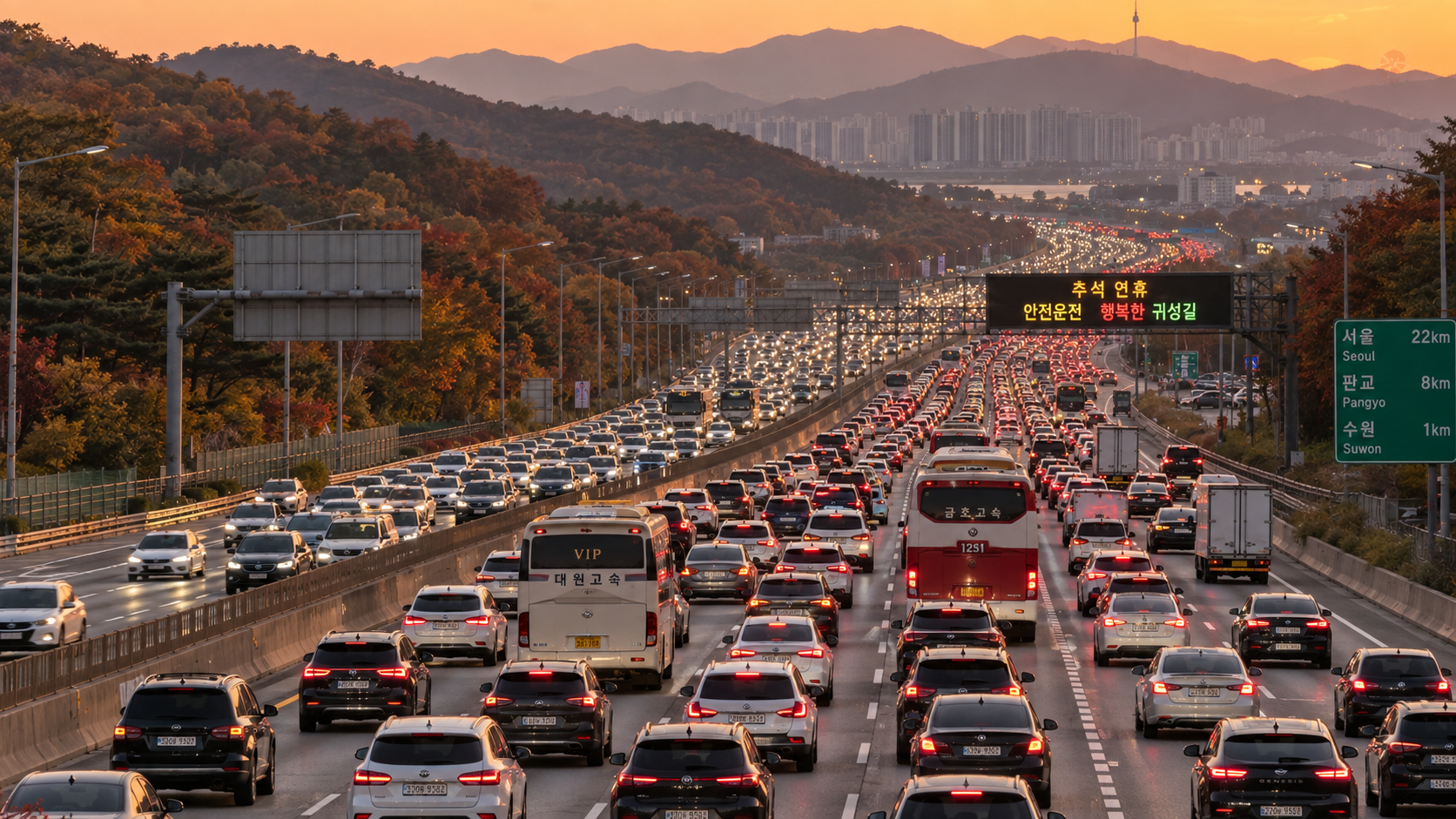 A highway packed bumper-to-bumper with holiday traffic at sunset, with an overhead sign reading 'Chuseok holiday — drive safe, happy trip home'