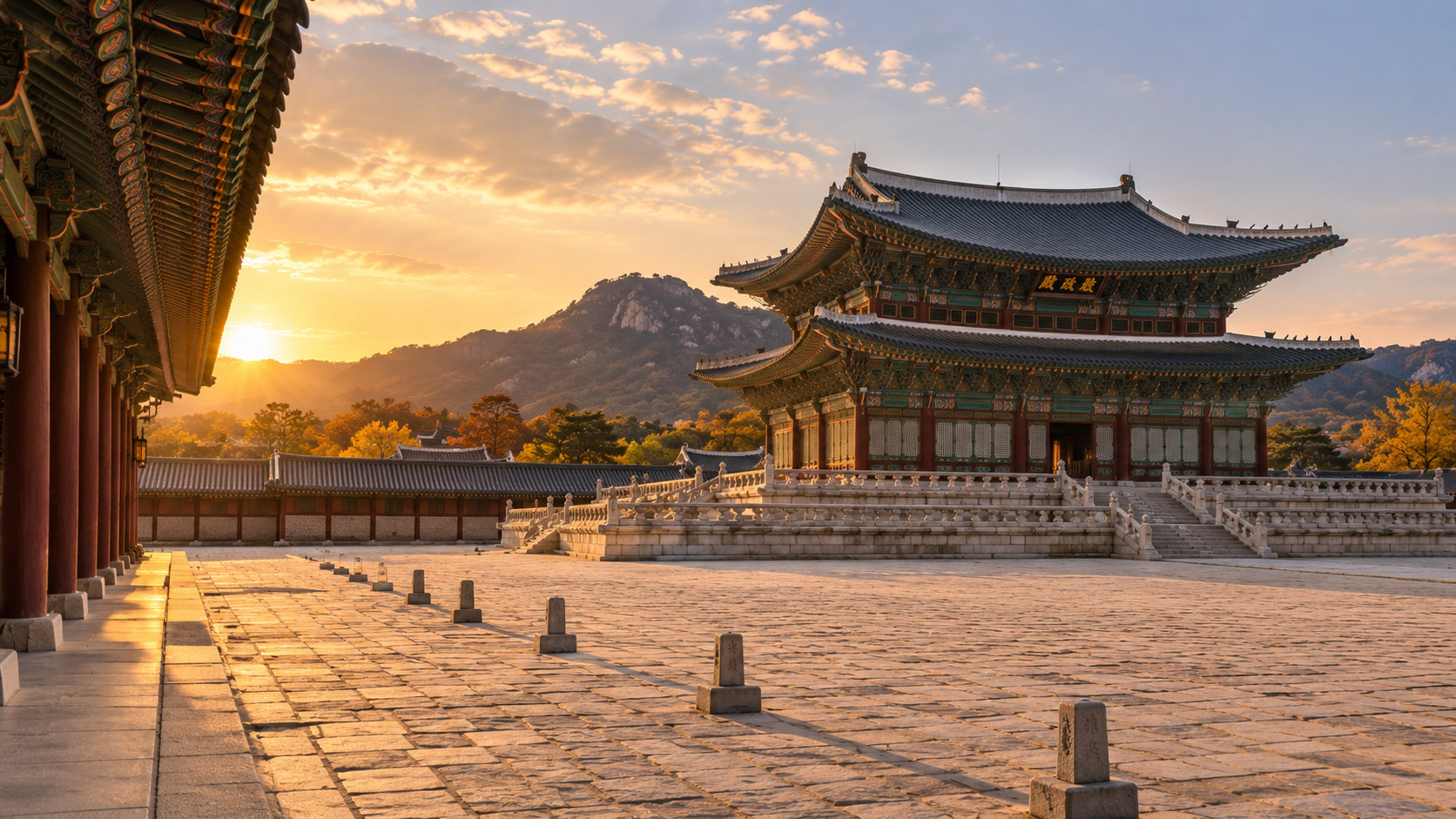 An empty courtyard at Gyeongbokgung Palace in Seoul at golden hour, with Mount Bugaksan and autumn foliage in the background