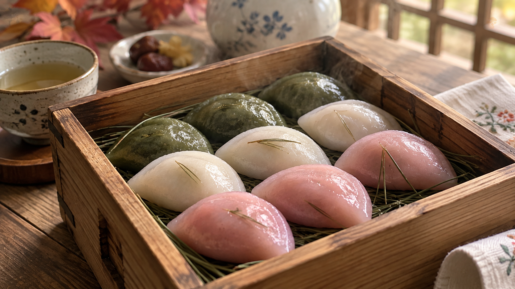 A wooden box of half-moon songpyeon rice cakes in green, white, and pink, steamed over pine needles, with tea and roasted chestnuts alongside